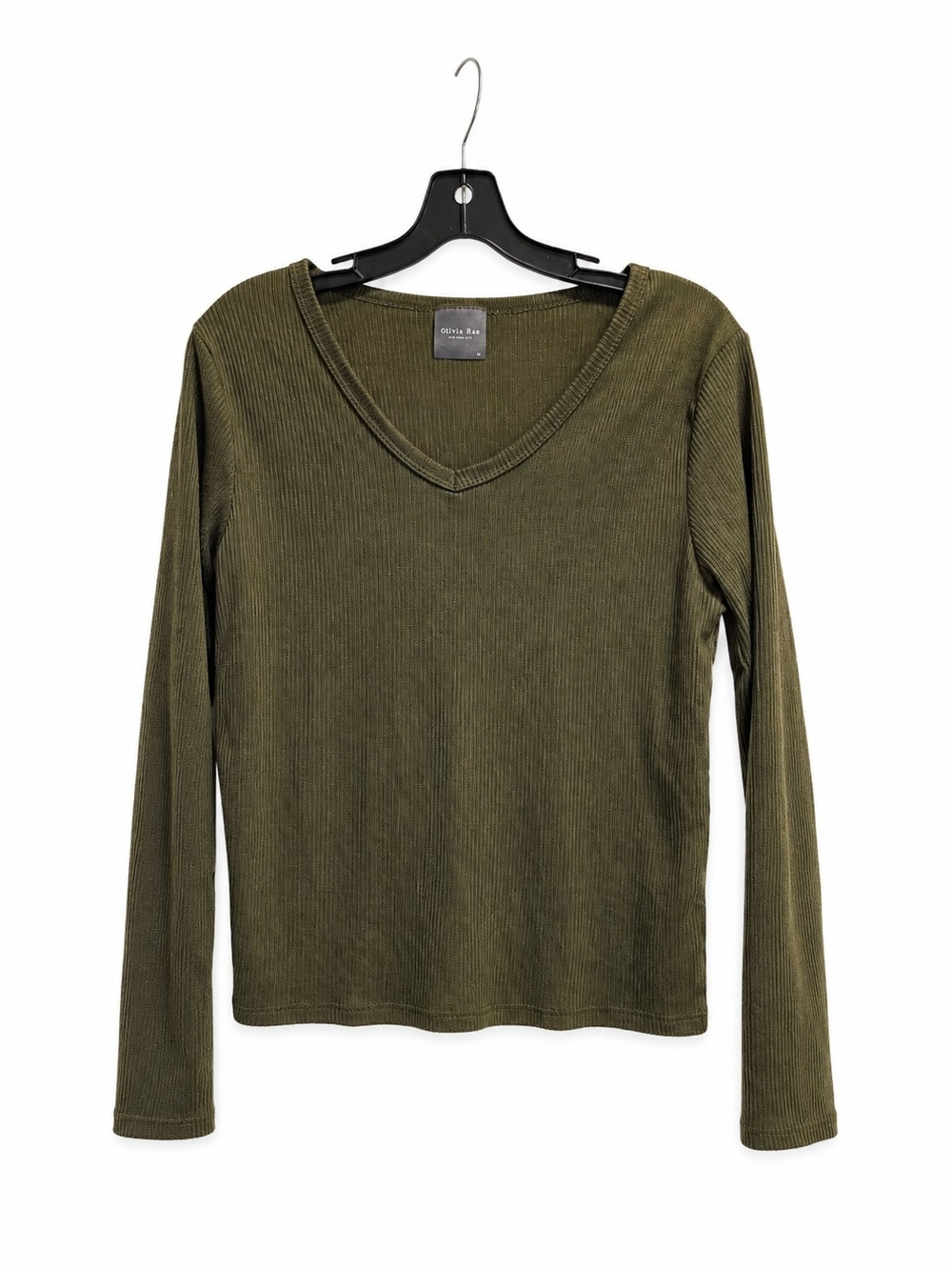 Olivia Rae Olive Green Ribbed V-Neck Long Sleeve Top Medium - Picture 2 of 4